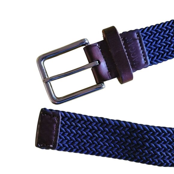 Haggar Blue and Brown Woven Belt with Leather Accents - Picture 1 of 8